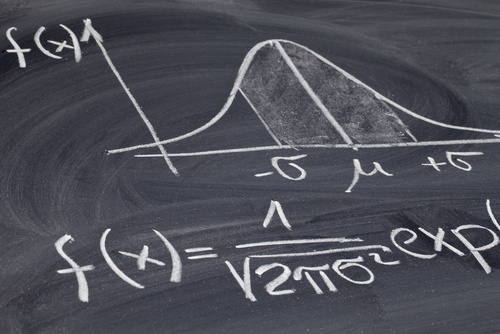 Gaussian or bell curve on a blackboard